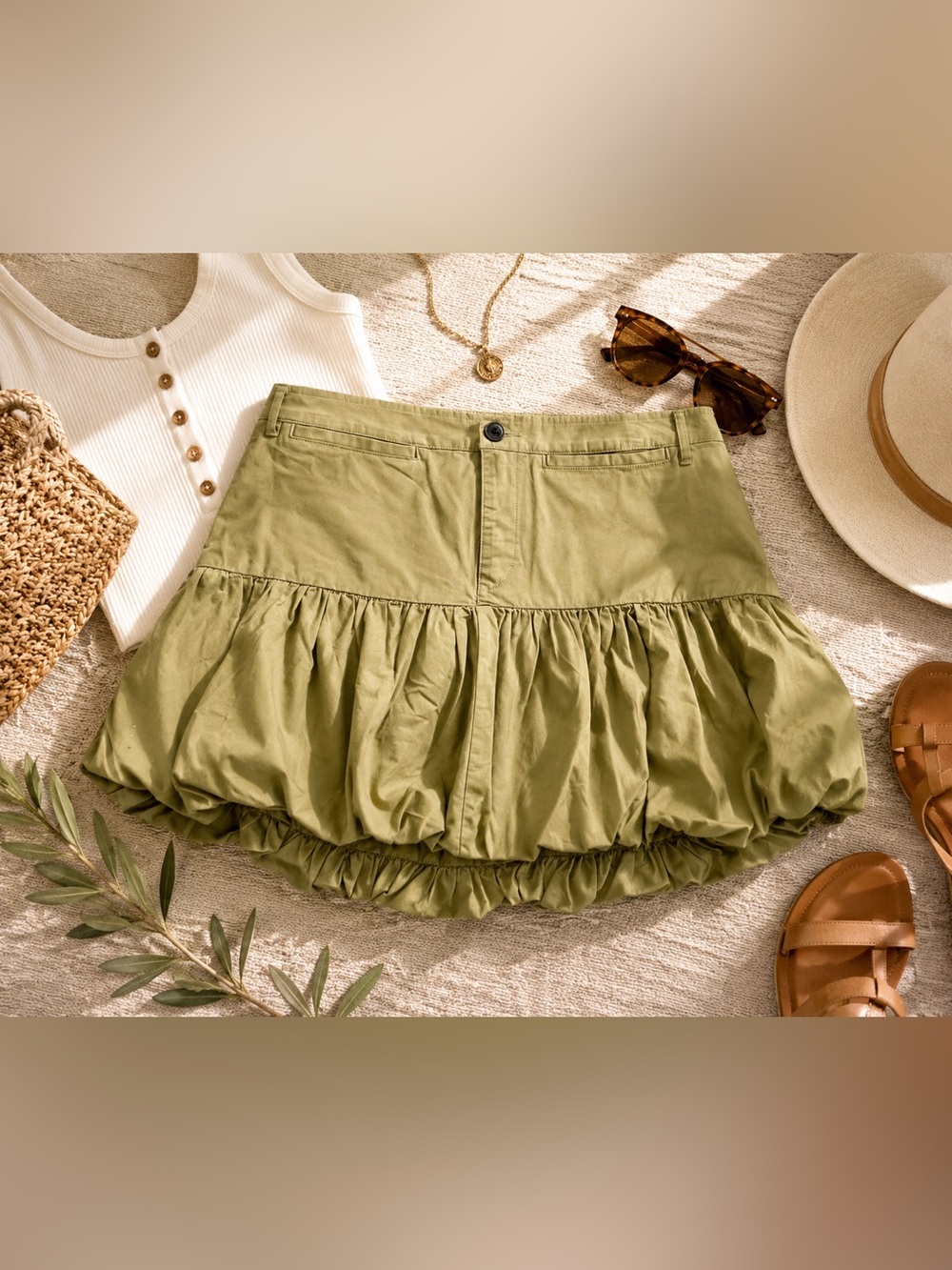 NWT Free Assembly Olive Bubble Mini Skirt - High Rise Ballon Hem XXL